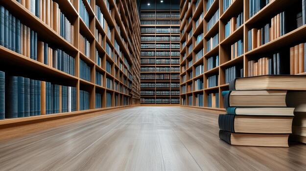 A library with books on shelves and a wooden floor photo