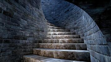 A dark stairway with stone steps leading up to a light photo