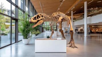 A dinosaur skeleton is displayed in a museum photo