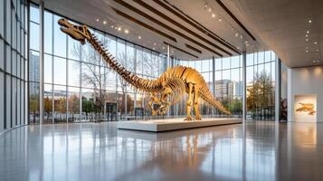 A large dinosaur statue is in a museum photo