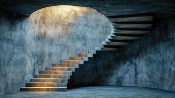 A staircase in a dark room with a light coming from the top photo
