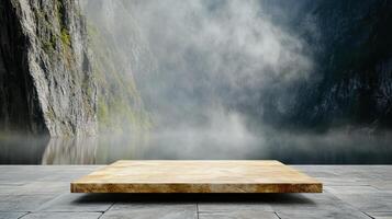 An empty wooden platform in front of a mountain photo