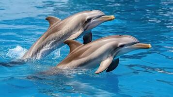 Two dolphins in the water with their tails up photo