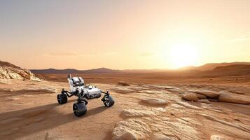 A small robot on the desert with the sun setting photo