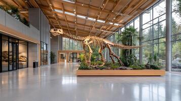 The interior of a museum with a dinosaur skeleton photo