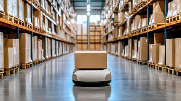 A robot is standing in a warehouse with boxes photo