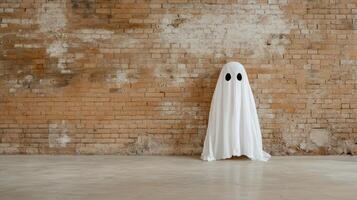 A ghostly white ghost standing in front of a brick wall photo