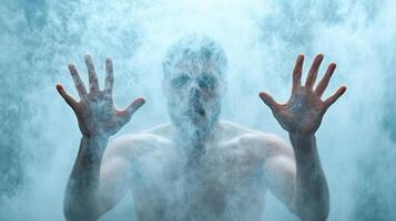 A man is covered in water and smoke photo