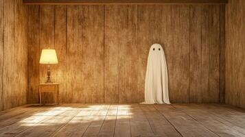 A ghostly figure stands in a room with a lamp and table photo