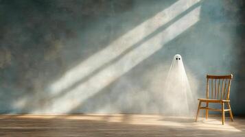 A chair in front of a wall with a light shining from it photo