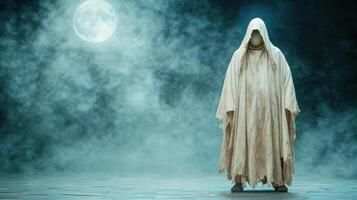 A ghostly figure in a white robe stands in front of a full moon photo