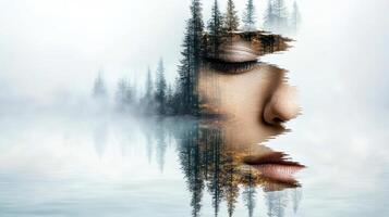 A woman's face is in the middle of a forest photo