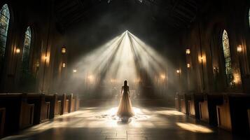 A bride stands in the middle of a church with sunlight streaming through the windows photo