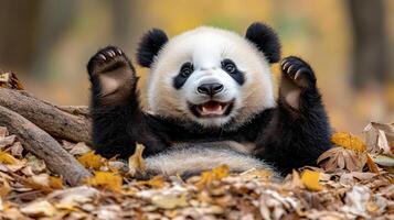 A panda bear is sitting in the leaves photo