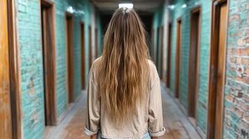 A woman with long hair walking through a hallway photo