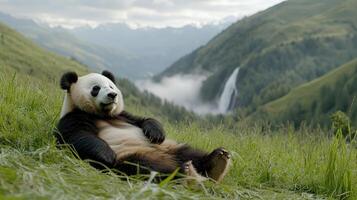 A panda bear sitting on the grass in front of a waterfall photo