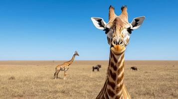 A giraffe standing in a field photo