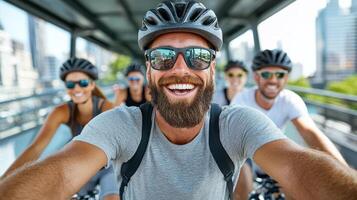 A man with a beard and sunglasses riding a bike photo