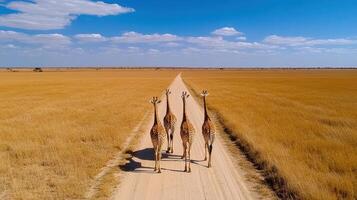 Three giraffes walking down a dirt road in the middle of an open field photo