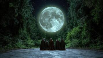 Three people standing in front of a full moon photo