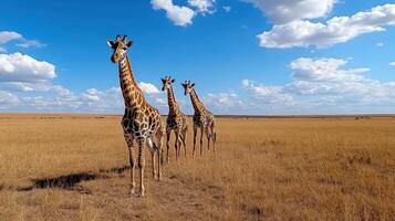 Three giraffes walking in the open field photo