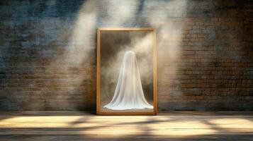 A ghostly white dress is sitting in a frame in front of a brick wall photo
