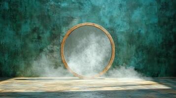 A mirror in front of a green wall with smoke coming out of it photo