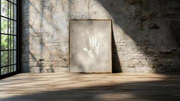 An empty room with a handprint on the wall photo