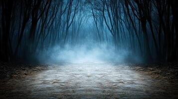 A dark path in the woods with fog and trees photo
