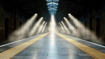 A train station with light beams coming from the ceiling photo