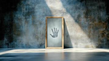 A handprint is seen in a mirror in an empty room photo