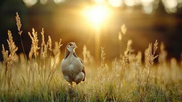 A bird is standing in tall grass at sunset photo