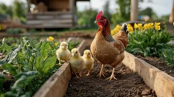 A chicken and two chicks walk along a wooden boardwalk photo