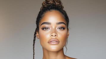 A woman with a messy bun and a brown eye photo
