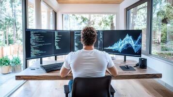 A man sitting at a desk with three computer monitors photo