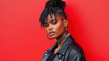 A beautiful young woman with dreadlocks and a black leather jacket photo