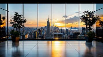 A view of the city from inside an office building photo