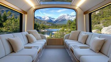 A train with a view of mountains and a lake photo