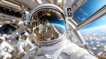 Astronaut in space suit taking selfie photo