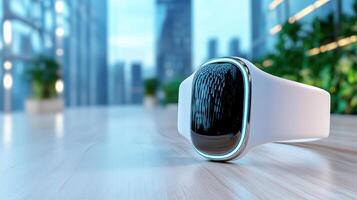 A smart watch on a table with a city view photo