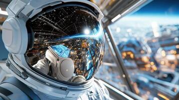 An astronaut in a space suit looking out the window photo