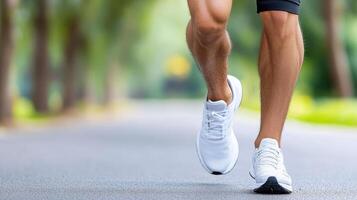 A man is running on a road with his legs crossed photo