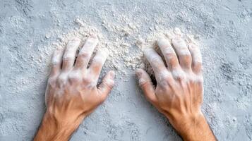 Hands of a man with flour on a white background photo