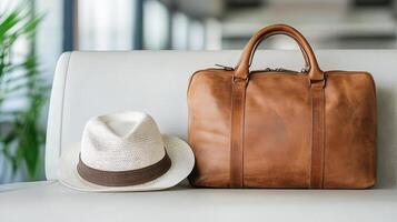 A brown leather bag and hat sit on a white couch photo