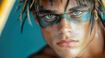 A man with painted face and feathers on his head photo