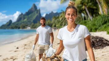 A man and woman are holding trash on the beach photo