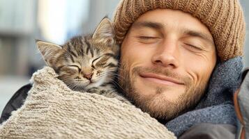 A man is holding a cat in his arms photo