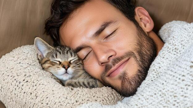 A man is sleeping with a cat on his chest photo