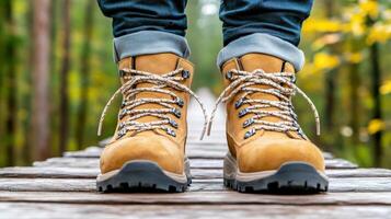 A person wearing hiking boots standing on a wooden bridge photo