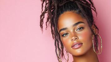 A beautiful young woman with dreadlocks and gold hoop earrings photo